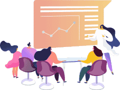 (Ilustração) Figuras adultas e infantil lado a lado, uma figura adulta à sua frente e gráfico em fundo