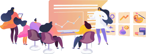 (Ilustração) Figuras adultas e infantil lado a lado, uma figura adulta à sua frente e gráfico e símbolos vários em fundo