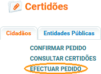 (Captura de ecr&atilde;) T&iacute;tulo &laquo;Certid&otilde;es&raquo;, separador &laquo;Cidad&atilde;os&raquo; e lista de op&ccedil;&otilde;es