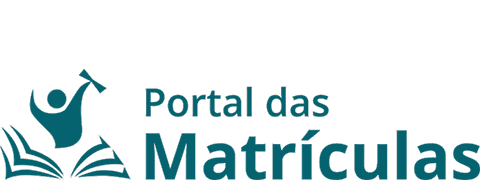 (Log&oacute;tipo) Figura estilizada segurando rolo e saindo de livro aberto com &laquo;Portal das Matr&iacute;culas&raquo; escrito ao lado