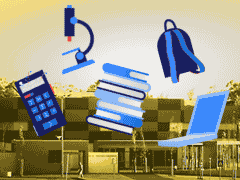 Calculadora, microscópio, livros, mochila e PC portátil (ilustrações azuladas) sobrepostos a fotografia da Escola (tons amarelados)