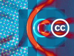 «C» em trama de meios-tons e «CC» desfocado com fundo pixelizado