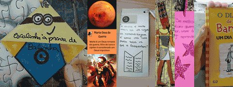 (Montagem fotográfica) Vários marcadores de livros: em forma de «Mínimo», com planeta e deus geurreiro, manuscrito a negro em fundo branco, egípcio com hieróglifos, estrelas rosa escuro com brilho em fundo rosa e 3 bolinhas felpudas espreitando no topo de livro