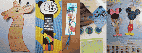 (Montagem fotográfica) Vários marcadores de livros: em forma de girafa, com cabeça de Panda, com salpicos de tinta, boneco com bigodes e Minnie e Mickey
