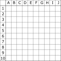 Grelha de 10 por 10 com linhas numeradas e colunas de A a J