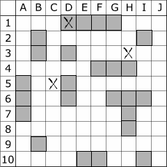 Grelha de 10 por 10 com linhas numeradas e colunas de A a J, com vários retângulos cinzentos inscritos
