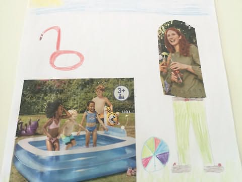 Foto recortada de mulher vista da cintura para cima; abaixo, pernas e sapatos desenhados a lápis de cor; ao lado, bola colorida, foto recortada de crianças em piscina insuflável e,a cima, desenho de boia em forma de flamingo