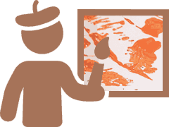 Ícone de pintor visto de costas com pincel frente a quadro (manchas laranja abstratas)