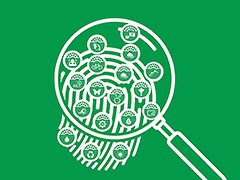 (Ilustração) Lupa por cima de impressão digital com círculos brancos com ícones de fruto, animal, bicicleta, sol, gota, etc. em fundo verde