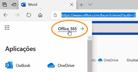 Página de Internet com menu lateral dizendo «Office 365»