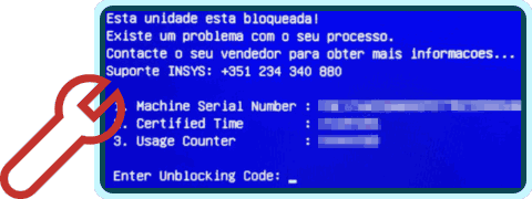 (Ilustração com captura de ecrã) Chave inglesa parcialmente sobreposta a ecrã azul com texto branco