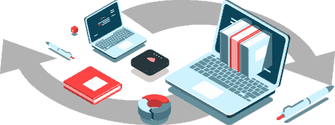 (Ilustração) Computador portátil com livros saindo do ecrã, caneta, gráfico em anel e setas curvas em fundo