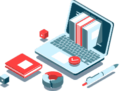 (Ilustração) Computador portátil com livros saindo do ecrã, caneta, cubos e gráfico em anel