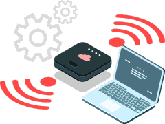 (Ilustração) Caixa escura de cantos redondos com arcos irradiando, computador portátil, chave inglesa e rodas dentadas