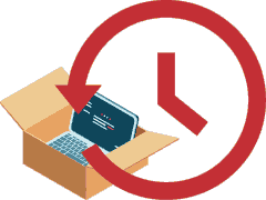 (Ilustração) Caixa de cartão aberta com computador portátil dentro e grande seta em círculo com ponteiros de relógio no inetrior