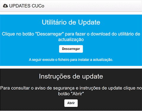 Página de Internet com texto branco em área azul com botão e área negra tamb+em com botão