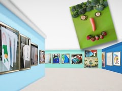(Montagem fotográfica) Cara feita com legumes e frutas sobre interior de museu com obras expostas nas paredes