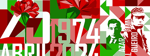 (Ilustração) Cravo, «25 Abril», «1974 2024» e retratos de homem e soldado em formas geométricas e tons carmins e verdes