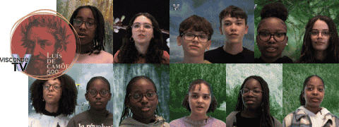 Log&oacute;tipo &laquo;Visconde TV&raquo; parcialmente sobreposto a rosto de homem com olho direito fechado, barba e &laquo;Lu&iacute;s de Cam&otilde;es 500&raquo; sobreposto ao lado de fotos de jovens sobre fundos v&aacute;rios