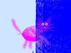 (Ilustração) Gato magenta em fundo azul claro na metade esquerda e escuro na direita