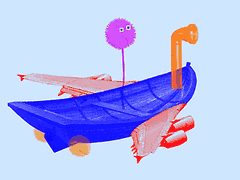 (Ilustração) Bote com asas e motores de jato, periscópio à frente e boneco de cabeça felpuda a meio