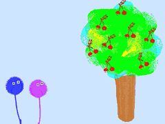 (Ilustração) Dois bonecos estilizados (um azul, outro rosa) olhando para árvore com cerejas