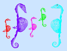 (Ilustração) Dois cavalos-marinhos grandes e três pequenos, coloridos