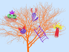 (Ilustração) Árvore sem folhas com pássaros, outras criaturas e uma escada presa nos ramos