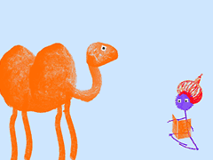(Ilustração) Boneco roxo estilizado com espécie de turbante vermelho lendo um livro; ao lado, camelo cor de laranja