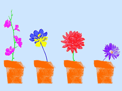 (Ilustração) Flores coloridas em vasos laranjas e fundo azul claro