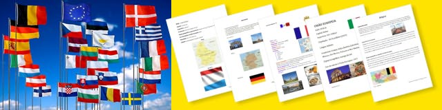 Bandeiras de países da União Europeia e vista reduzida de vários trabalhos com texto e imagens
