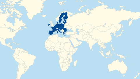 Mapa com Europa (países da União Europeia em azul forte), América (parte), Ásia (parte), África e Oceânia