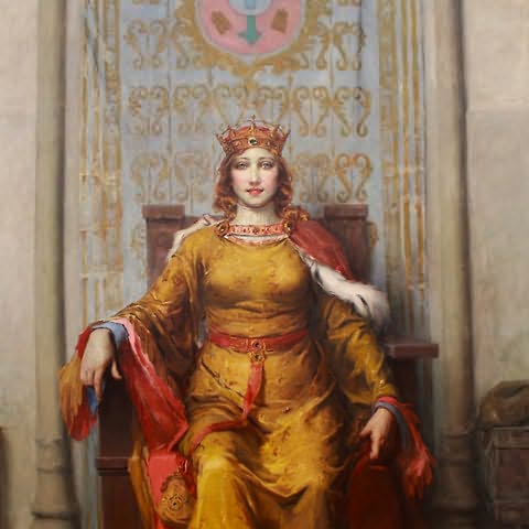 (Pintura) Mulher de cabelo arruivado pelos ombros e vestido comprido dourado sentada em trono