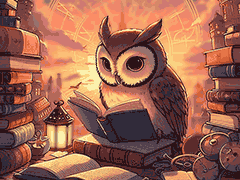 (Ilustração) Mocho lendo um livro, rodeado de livros empilhados e com uma lanterna ao lado