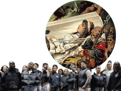 Muitos adolescentes ao lado uns dos outros e em frente a trip&eacute;s com microfone; em fundo, ilustra&ccedil;&atilde;o de figura feminina num caix&atilde;o