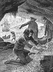 (Ilustração) Numa gruta à beira-mar, um rapaz toca numa enorme pilha de moedas que homens colocam num cesto e carregam para um bote