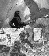 (Ilustrações) Homem com arpão num barco em frente a grande cauda de baleia fora de água; numa gruta, um rapaz toca numa enorme pilha de moedas