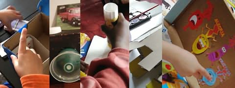 (Montagem) Mão ajeitando caixa com divisórias, tampa de garrafa em caixa negra, mão aplicando cola em batom, cartão recortado e mão apontando para desenhos recortados e coloridos colados em interior de caixa