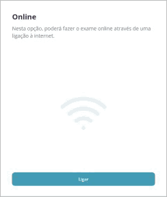 Retângulo branco com título «Online» e botão «Ligar»